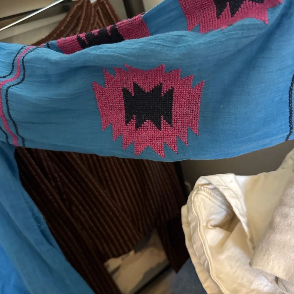 Anthropologie Blue Embroidered V-Neck Peasant Blouse with Pink Accents - Picture 3 of 5